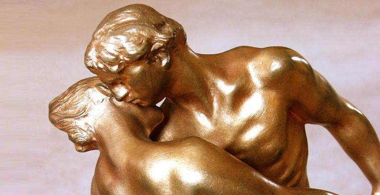 La Valse by sculptor Camille Claudel, 1893. The bronze sculpture La Vaise features a man and woman embracing as the man gently lowers the woman in a lunge