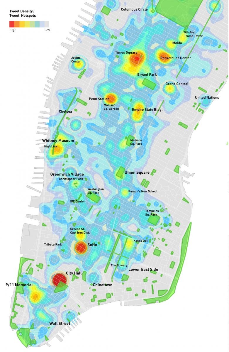 Heat map of Twitter hotspots in Manhattan.
