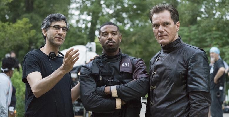 Director Ramin Bahrani (left) stands with the lead actors in a film adaptation of 'Fahrenheit 451,' Michael B. Jordan and Michael Shannon. Photo by Michael Gibson/HBO Three man standing together talking