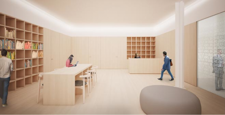 Architect drawing of a large room with a desk in the center, glass wall, and bookshelf