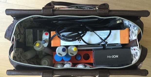To demonstrate the portability of the technology, researchers packed the MinION and all cell-preparation materials needed into a handbag. (Sophie Zaaijer) Bag with medical supplies
