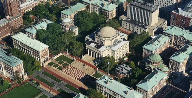 An aerial view of Columbia's Morningside campus on a sunny day