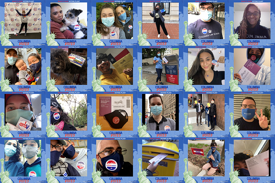 A collage of diverse faces posing with "I Voted" Stickers.