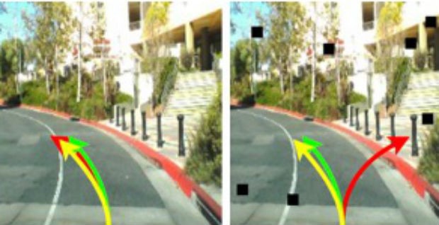 DeepXplore also generates test images that mimic the effect of dust on a camera lens. The pixelated photo at right tricked one set of neurons into telling the car to turn into a building. After catching the mistake, the tool retrains the network to fix the bug. Image Courtesy of Columbia Engineering Two streets: one with red, yellow and green arrows all in one direction; the other, with the red line swerving away