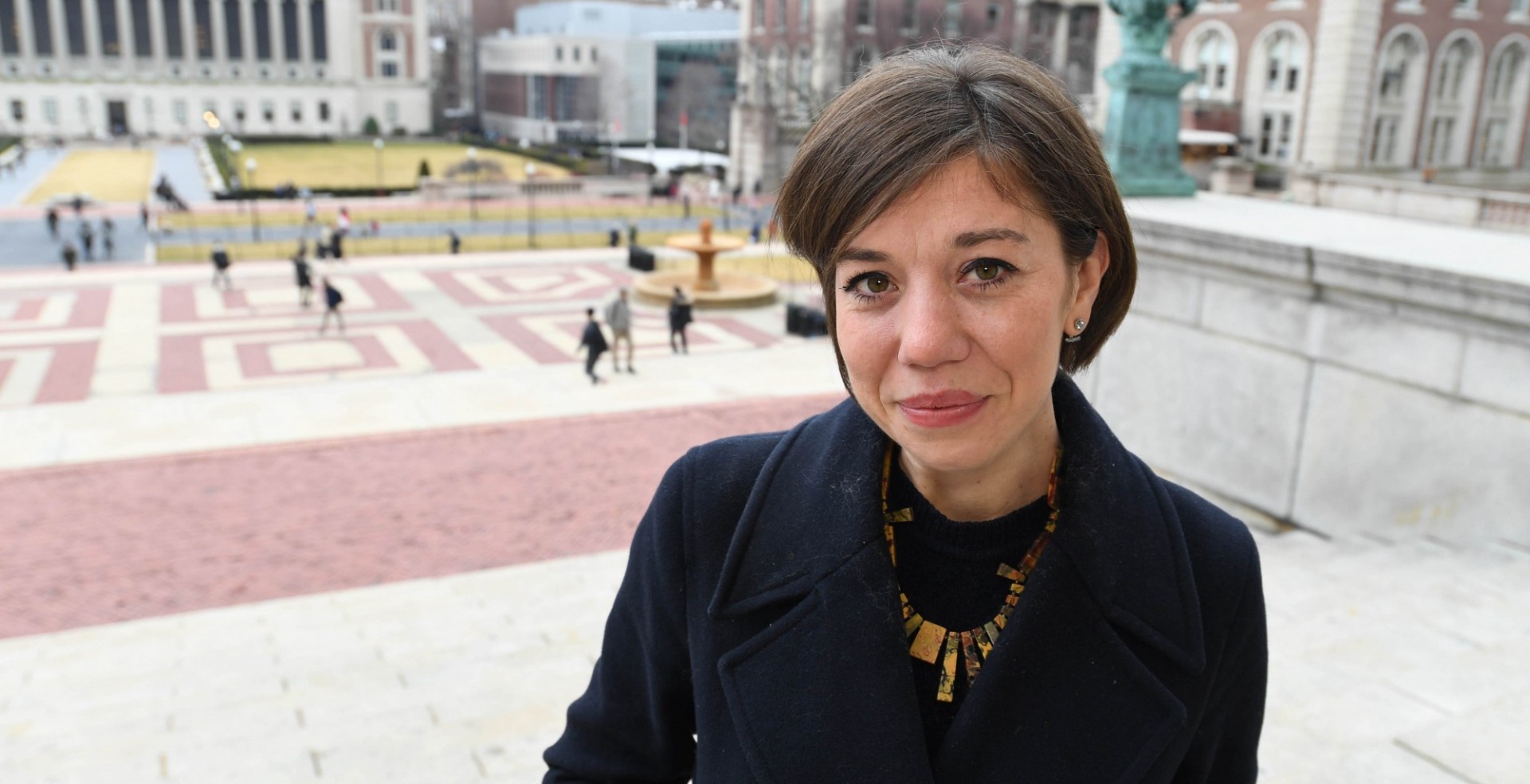 Federica Coppola, a Presidential Scholar in Society and Neuroscience. Federica Coppola at the top of steps outside Low Library.