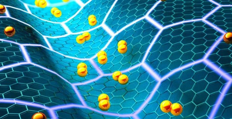 Several small, golden spheres roll across the honeycomb-like structure of a sheet of teal-colored graphene