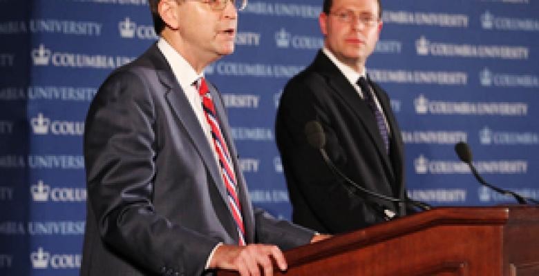 From left: Glen Hubbard and Jeffrey Liebman debating on Oct. 8 during the World Leaders Forum Image credit: Michael Dames/Columbia University Dean Hubbard speaking at a podium