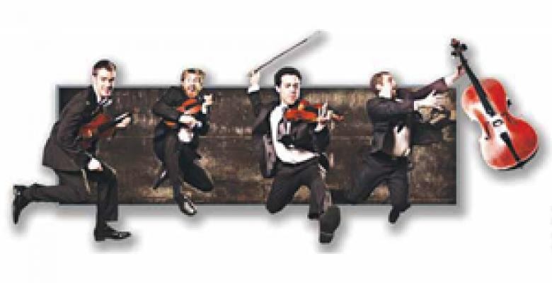 Four musicians running, three with violins, one with a cello