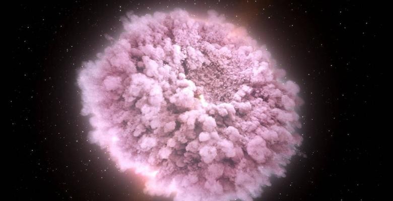 A neutron star explodes in a cloud of pink dust against the darkness of space