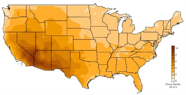 Map of the United States with highest power density in the southeast