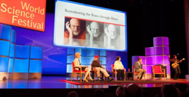 "Reawakening the Brain Through Music" focused on the ability of music to heal patients afflicted with severe neurological and physical problems and the larger biological question of where music resides in the brain. Panel on a stage