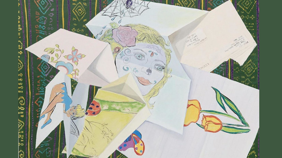 "Tinkerbell," 2014, by Aliza Nisenbaum; oil on canvas; courtesy of Martin and Rebecca Eisenberg. An image of an artwork with a girl's face, flowers, and letters.