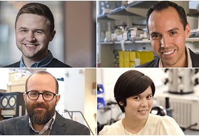Awardees (left to right): Timothy Berkelbach, Luis Campos, Cory Dean, Kristin Myers Photos show two men with short hair, a man with beard and glasses and a woman with short hair.