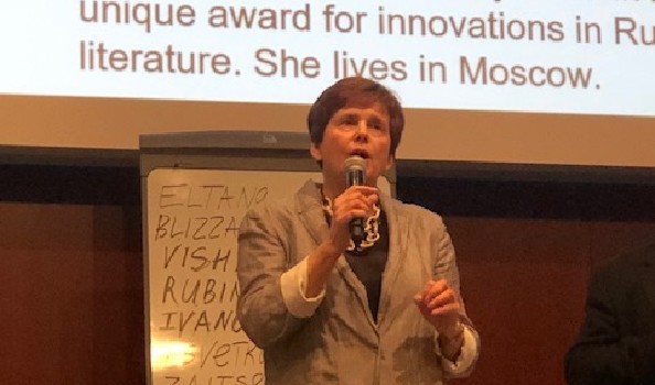 Irina Prokhorova, co-founder of the Mikhail Prokhorov Fund and the NOS Prize. a woman speaking to a microphone