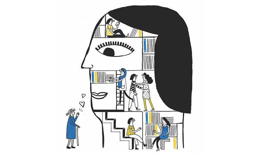 An illustration a brain with people inside doing activities such as reading and socializing.