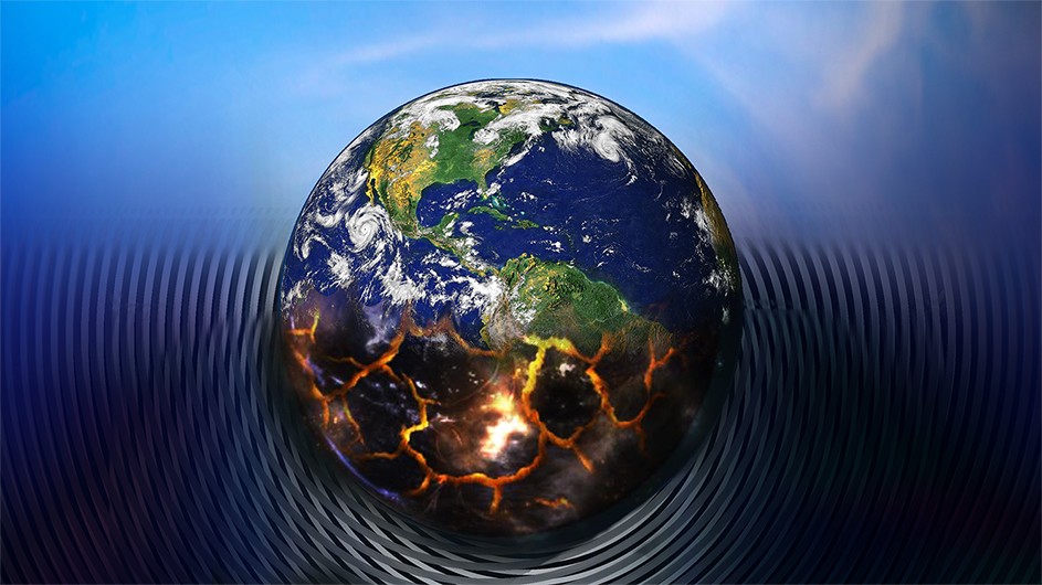 Illustration: Nicoletta Barolini globe colored half with blue green and white and half with brown and yellow fires