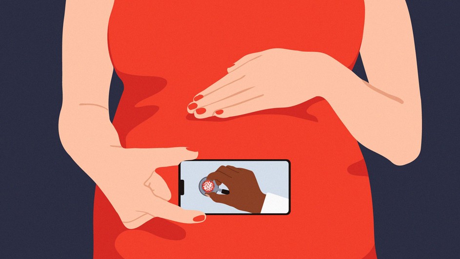 animation of pregnant woman in red sleeveless dress with arm on belly holding cell phone with an imåage of a brown hand in the center