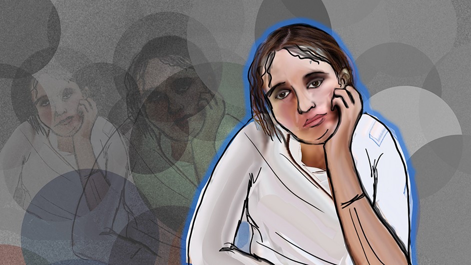 Bored people just don't have nothing to do; they want to be stimulated but are unable to connect with their environment. Illustration: Nicoletta Barolini Woman caricature in white shirt with short brown hair, sitting with hand on chin and glum expression