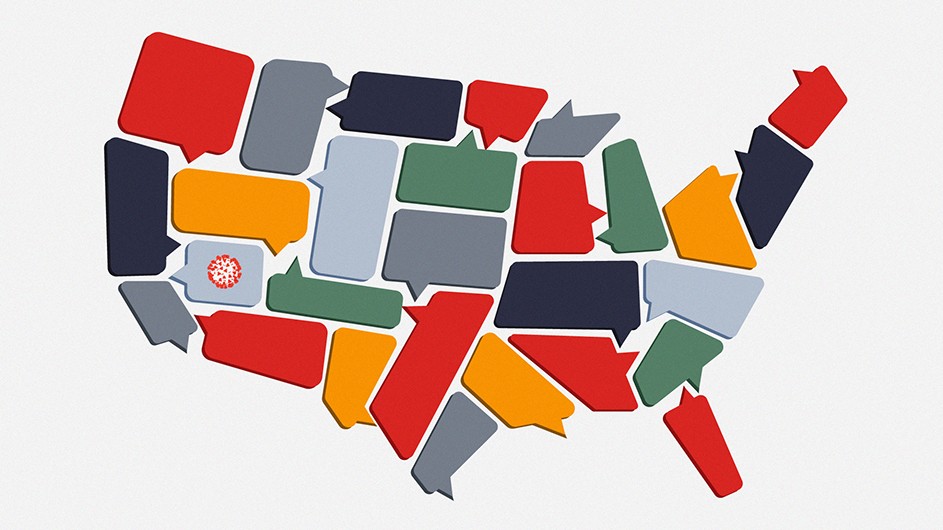 illustration of the US with states depicted in different colors: red, grey, black, green with a small red and white covid graphic on grey western state