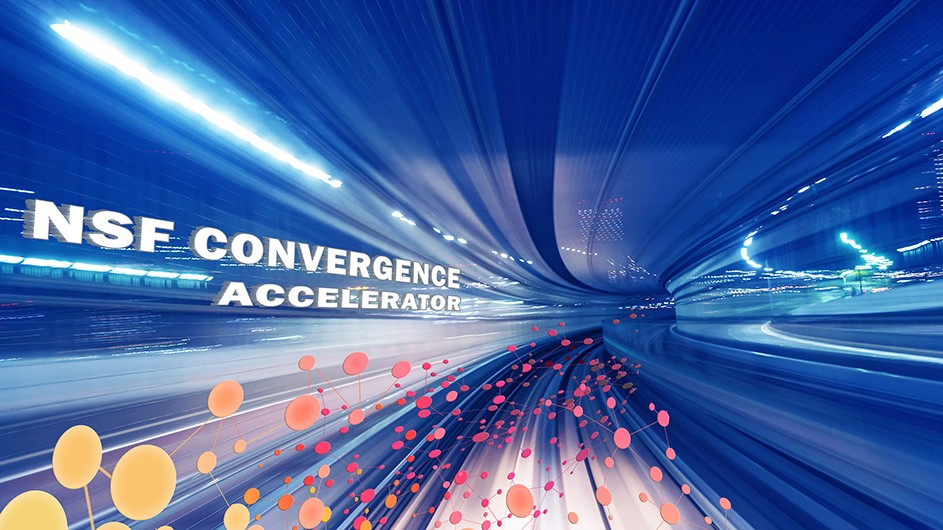 Columbia researchers have been awarded a National Science Foundation Convergence Accelerator 2020 Phase One grant to build a quantum simulator that will be accessible to a broad user base via cloud-computing. Image: National Science Foundation fluorescent white lights along with pink and yellow balls shoot out from blue background.