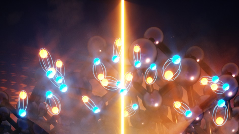 When the researchers illuminated a crystal with a pulse of light, they were able to create a new electronic state in a prototypical semiconductor. Credit: Ella Maru Studio blue and yellow circular lights with a gold light strip down the center