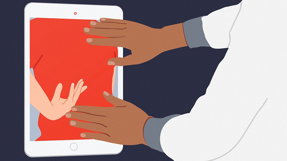 By Julie Winegard figure in white coat touching red and white trimmed ipad with two hands