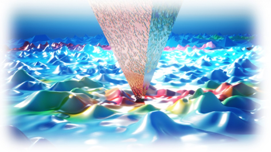 The discovery of multi-messenger nanoprobes allows scientists to simultaneously probe multiple properties of quantum materials at nanometer-scale spatial resolution. Illustration: Ella Maru Studio Light blue background with wave-like green blue diamond shapes with pink and blue arrow shooting down the middle