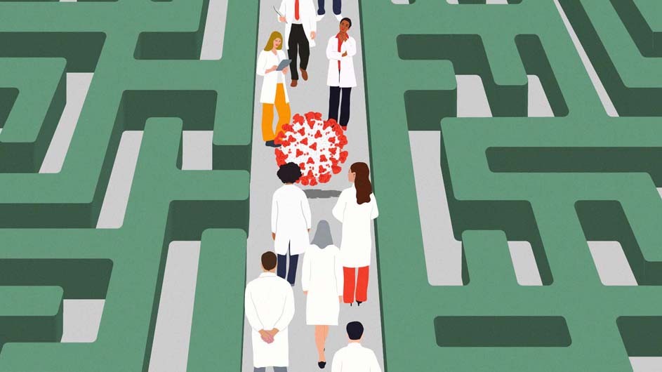 Illustration by Julie Winegard green maze structure with middle ails of workers with white lab coats and red cornonavirus circle in middle.