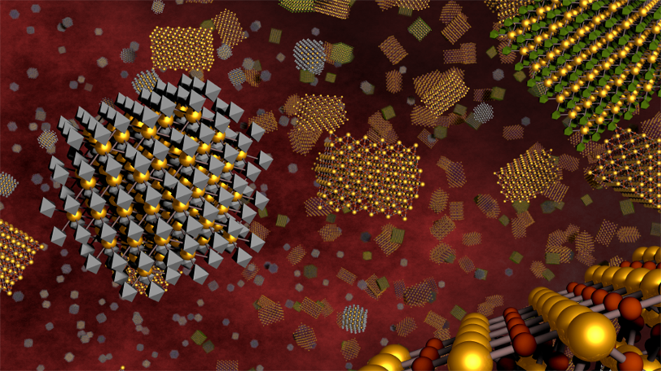DNA-programmable assembly of 3D-ordered materials from functional nanoparticles. Illustration: Oleg Gang Red background with grey floating triable and gold and red dots