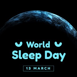 Large planet in black and blue design reflected by light at top. World Sleep Day written in large aqua letters at center 