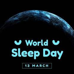 Large planet in black and blue design reflected by light at top. World Sleep Day written in large aqua letters at center