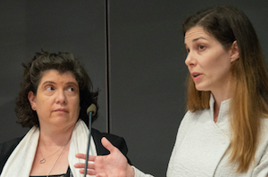 Professors Jeanine D’Armiento (P&S) and Jessica Bulman-Pozen (Law) reported on the advancement of female faculty in the Law School over the past decade. at the May 3 Senate plenary." Photo by Jessica Raimi.