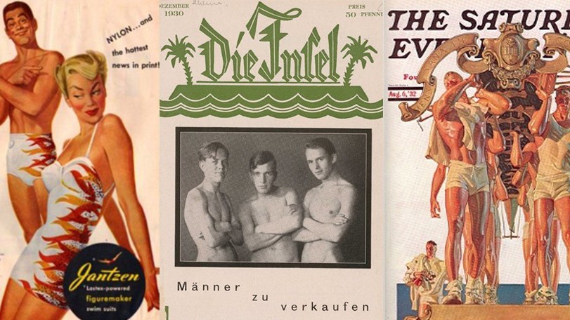Men and women in swimsuit in photograph and illustrations