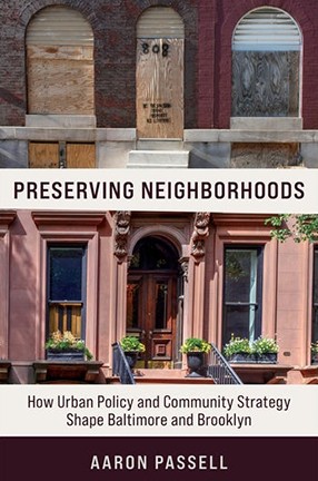 A book cover with photos of buildings for "Preserving Neighborhoods."