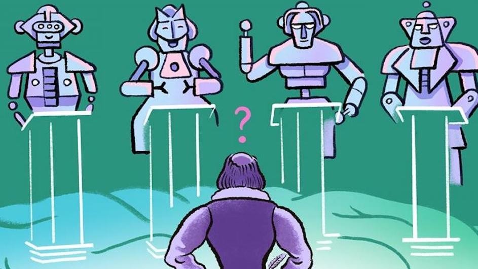 Illustration of Shakespeare facing a panel of robots.