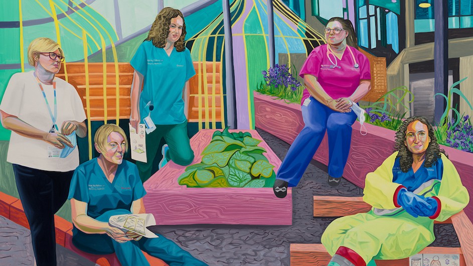 A colorful group portrait of five hospital workers seated around a garden with a building as the backdrop.