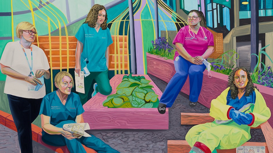 "Team Time Storytelling, Steven Gerrard Garden, Alder Hey Children's Hospital Emergency Department, Covid Pandemic," 2020 by Aliza Nisenbaum. A colorful group portrait of five hospital workers seated around a garden with a building as the backdrop.
