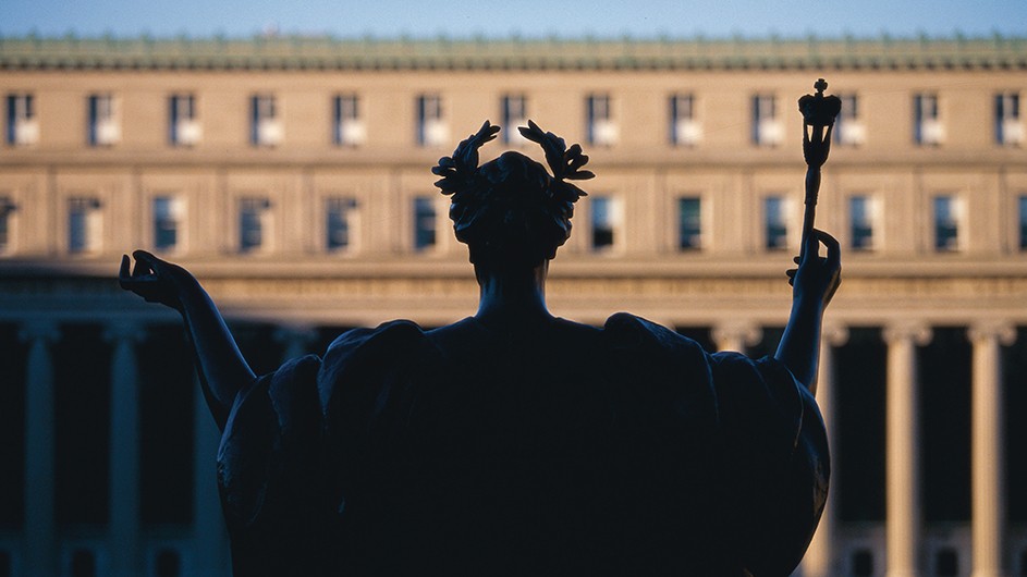 Shadow of Columbia University's alma mater looking at Butler Library in show of solidarity in the guilty verdict for Derek Chauvin