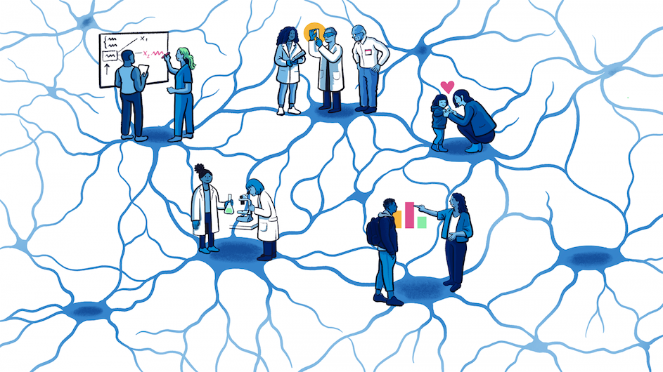 Illustration of people having social connections overlaid with images of neural circuits.