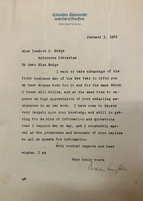 A personal note of thanks from Nicholas Murray Butler to Isadore Gilbert Mudge in 1922. Courtesy Columbia University Archives. 