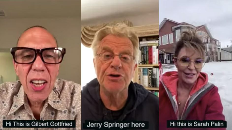 Gilbert Gottfried, Jerry Springer and Sarah Palin were just three of the celebrities employed through Cameo to invite professors to Zach Brown's dissertation defense. Triptych of Gilbert Gottfried, Jerry Springer, and Sarah Palin.