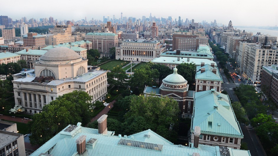 An aerial view of Columbia's Morningside Heights campus, looking south towards Midtown Manhattan.
