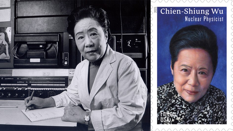 black and white photo of Asian woman with black hair and white coat in her lab next to an illustration of a stamp with her image in color