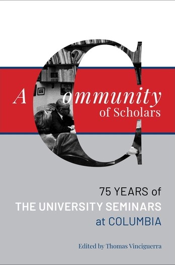 Book cover for "A Community of Scholars,"  edited by Thomas Vinciguerra, in gray, red, and white text and blocks of color.