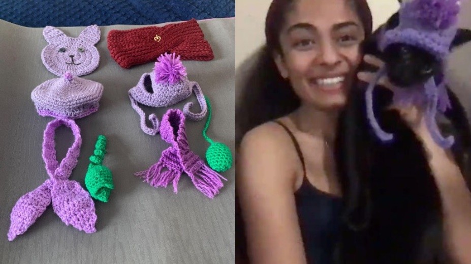 At left, an outfit that Turney crocheted for a cat is laid out for display. At far right, Crispr Cat9, can be seen dressed in one of Turney's crocheted cat outfits. Side-by-side image of a cat outfit crocheted by Turney, and Crispr Cat9 dressed an outfit that Turney crocheted.