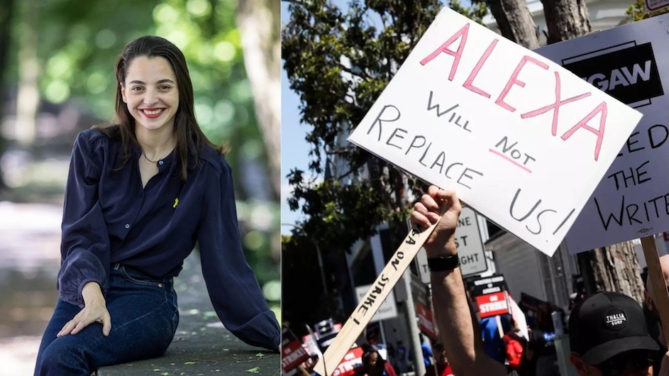 A side-by-side image of Shir Raviv and a sign being held at a protest that reads "Alexa will not replace us."