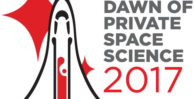 gray illustration of a rocket launching right side of image the word dawn of private space science 2017 are positioned in gray and red