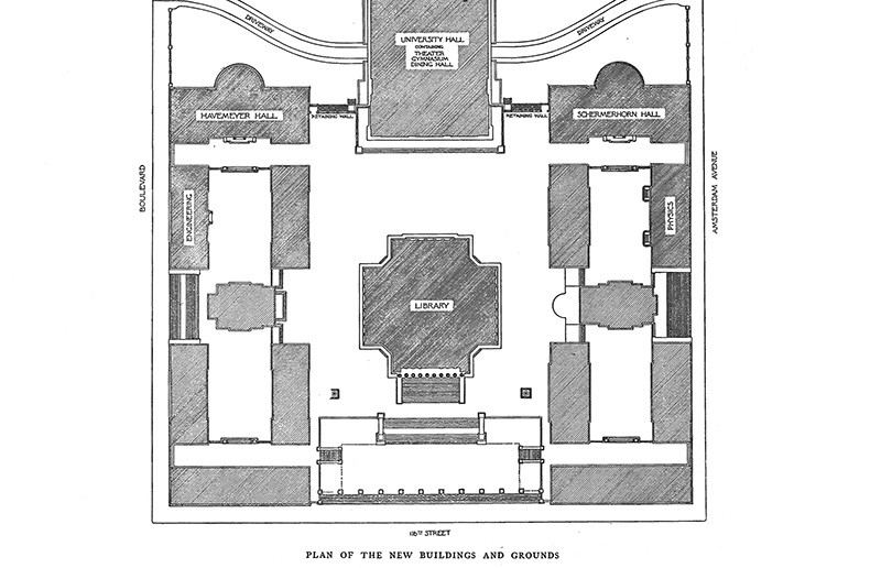 vintage image of a black and white sketching of a blueprint of the low memorial library