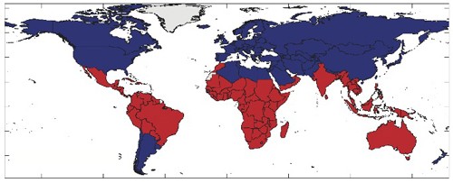 El Niño drought cycles heavily affecting some 90 countries (red) appear to be helping drive modern civil wars. (Courtesy Solomon Hsiang et al./Nature)