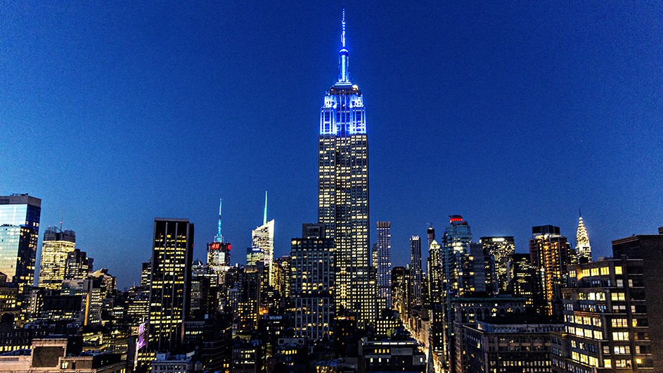 The Empire State Building, illuminated blue for Columbia graduates. 